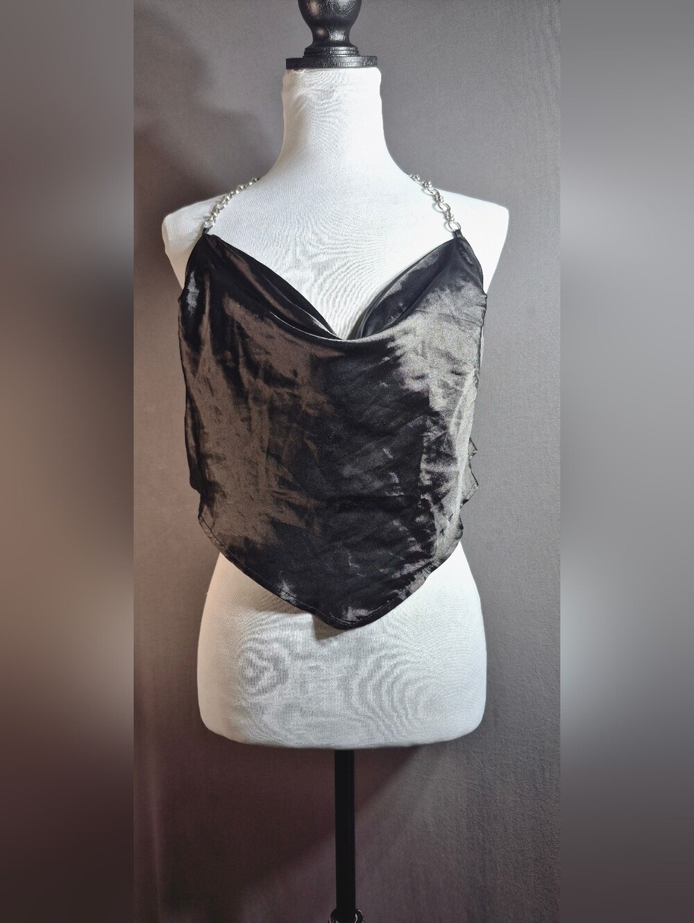 Rue21 Black Satin Chain Strap Handkerchief Crop Top